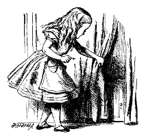 Alice finding tiny door behind curtain